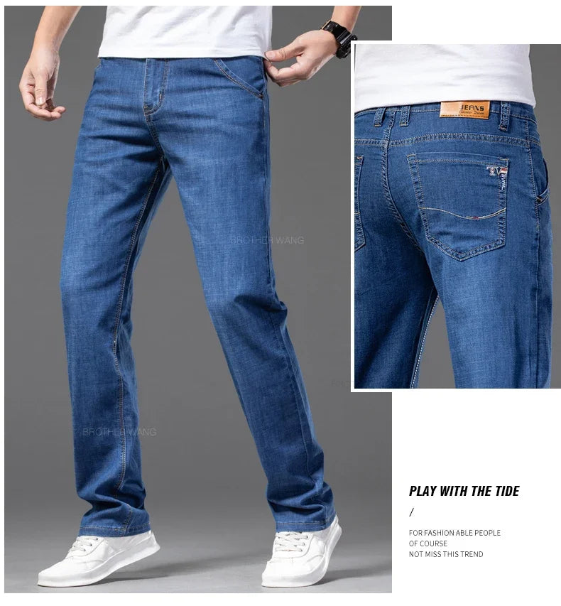 Sommer Dünne männer Gerade Jeans Klassische Schwarz Blau Stretch Casual Business Baggy Denim Hosen Männliche Marke Hosen.