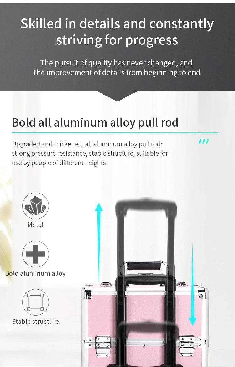 TravelRolling Makeup Train Case Large Capacity Cosmetic Trolley, Aluminum Professional Travel Case with Key.