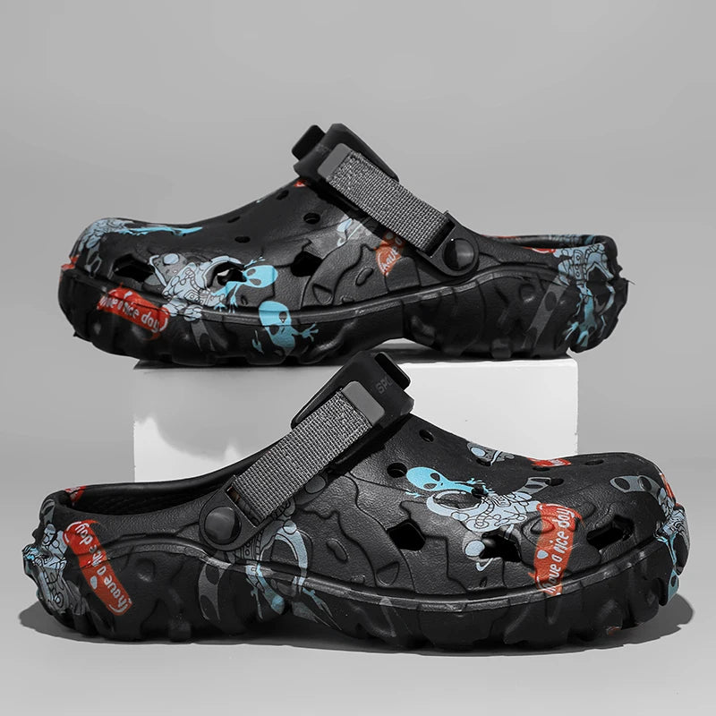 Plus Size 47 Men's Clogs 2025 Summer Sandals Beach Slippers Flat Sandals Men Leisure Slides Creative Printing Man Casual Shoes