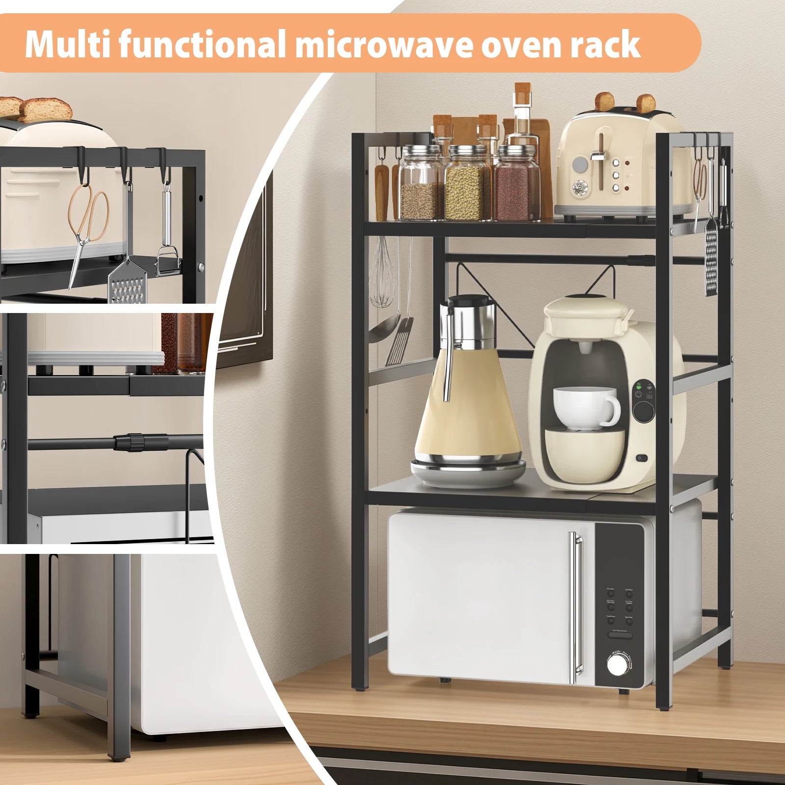 Kitchen Storage Rack Metal Condiment Organizer Shelf Expandable Microwave Shelf Height Adjustable.