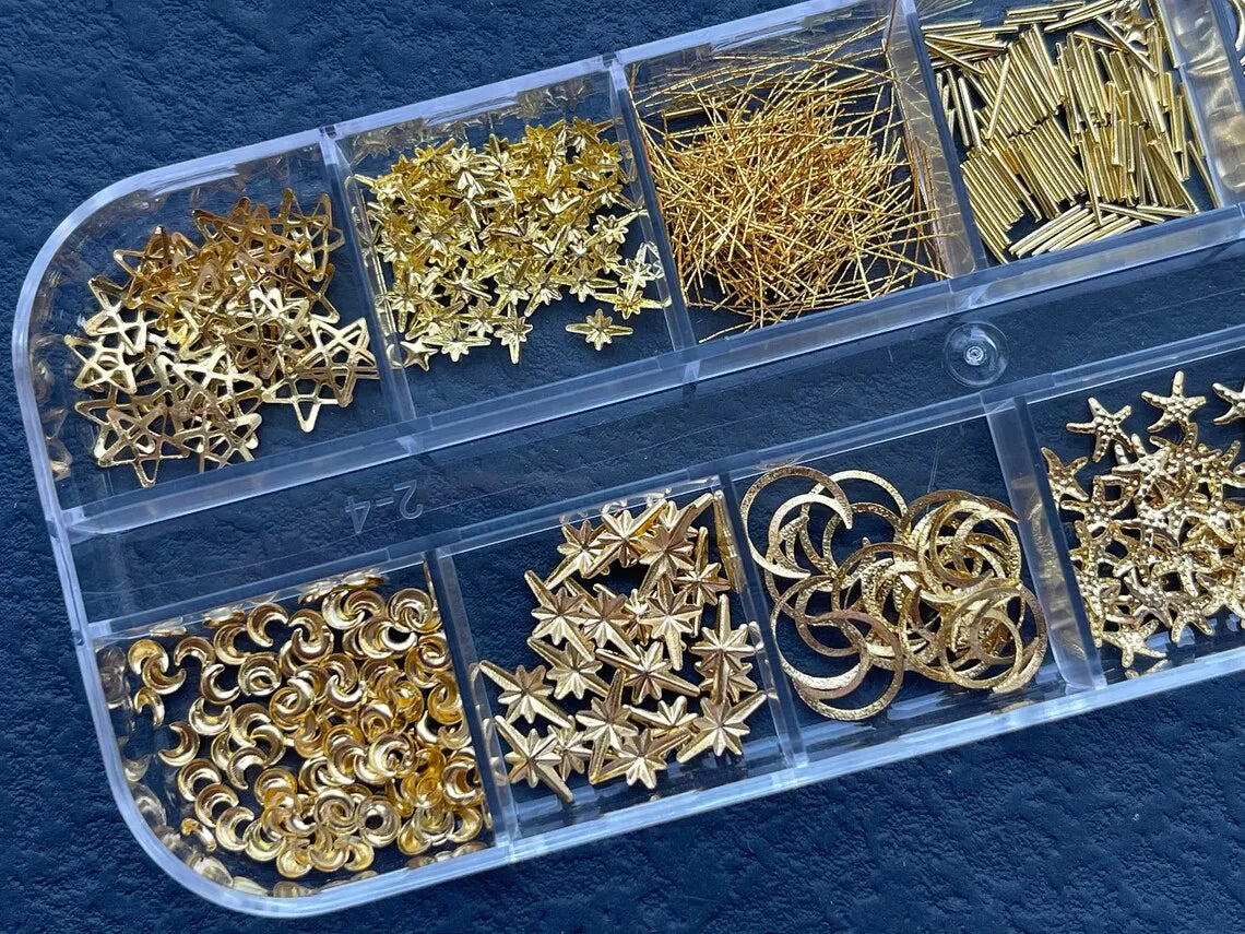 12Grids Moon Star Nails Gold Metallic Nail Sequins Charms 3D Nail Art Tips Decoration  3D Metal Moon Star Sun Bead Rivet Nail Je.