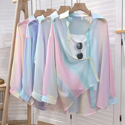 Irregular Gradient Rainbow Long Sleeved Shirt And Blouses Thin Youthful Women's Clothing Loose Top Pink Casual Transparent New.