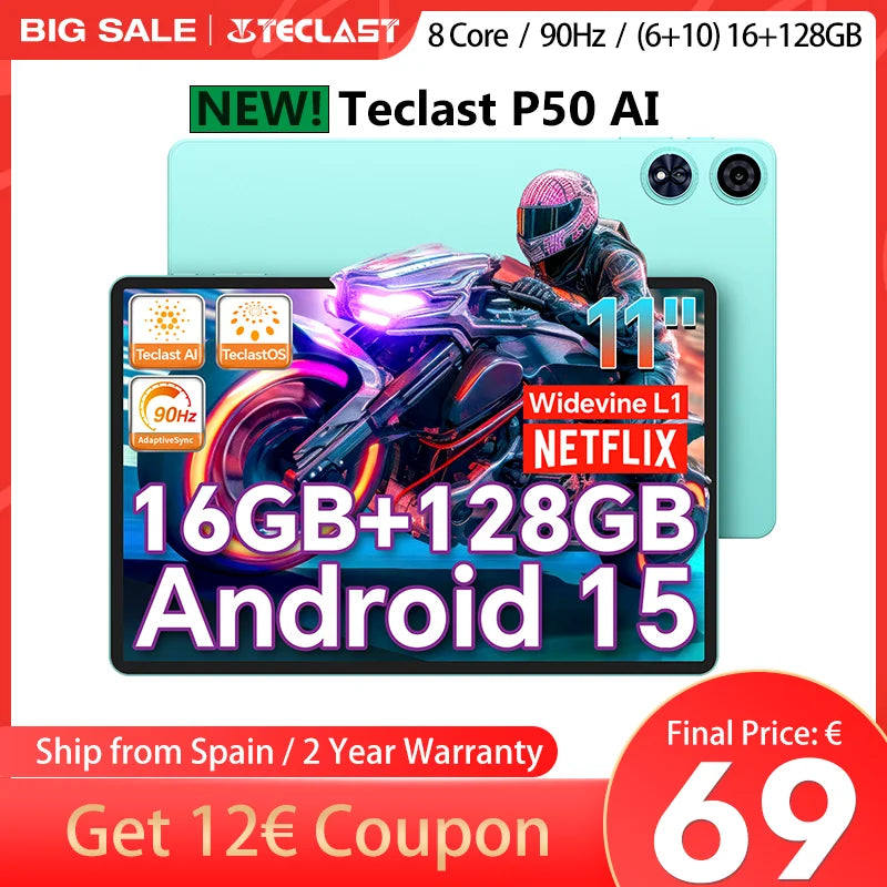 【New】 Android 15 Tablet Teclast P50AI 11 inch Screen 90Hz AllWinner A733-AI Octa-Core (6GB + 10GB )Max.16GBGB RAM 128GB LPDDR5 Wifi-6 7000mAh AI Tablet PC.