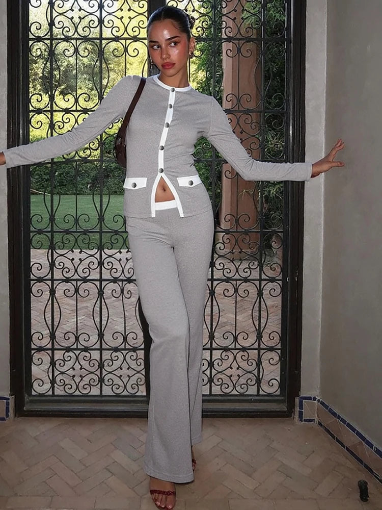 Sisterlinda Classic Street 2 Piece Set Autumn Daily Panelled Trim Full Sleeve Single Breasted Tops+Slim Pants Female Casual Suit