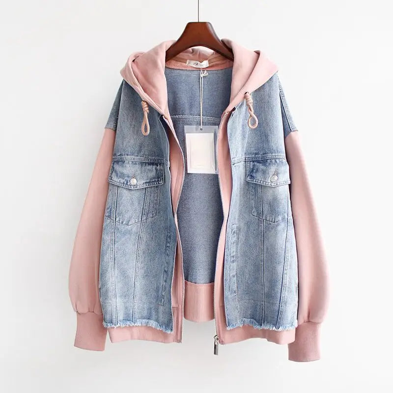 Fake Two-piece Denim Hoodies Coat Women Spring Autumn Trend Cardigan Hoodie Casual Loose Hooded Baseball Jacket Streetwear Woman.