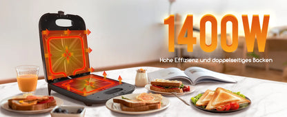 Aigostar Sandwich Maker XXL for 4 Sandwiches, 1400 W, Sandwich Toaster with Non-Stick Coating, Fast Heating, Temperature Control.