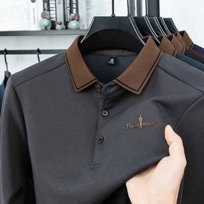 Men's Polo Shirt Long Sleeve Luxury Brand Autumn Winter Lapel Collar Button Business Casual Classic Office Warm T-shirt Menswear.