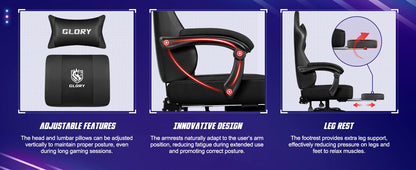 AUTHMIC Ergonomischer Gaming-Stuhl mit Fußstütze und Lordosenstütze, verstellbarer Bürostuhl aus PU-Leder, für Heimbüro und Gamer
