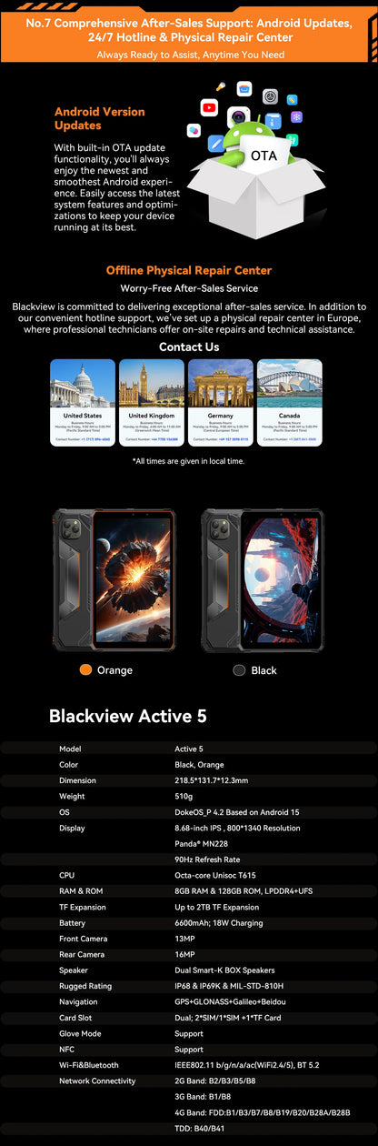 Blackview Active 5 [No EU Charger] 24(8+16)GB+128GB 8.68'' IPS Rugged Tablet 6600mAh Tablet Android 15 90Hz Doke AI 16MP+13MP NFC Fingerprint