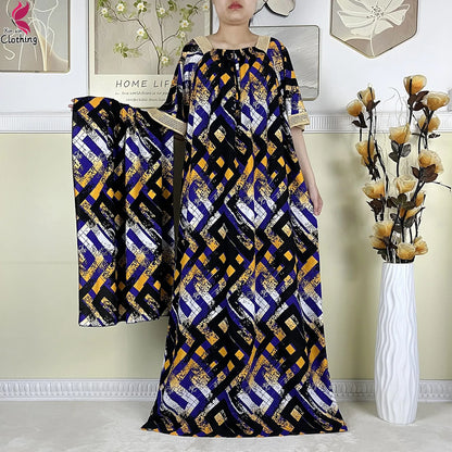 New Muslim Dubai Elegant Dress Summer Short Sleeve African Abaya Printing Cotton Loose Femme Robe Islamic Dresses With Scarf