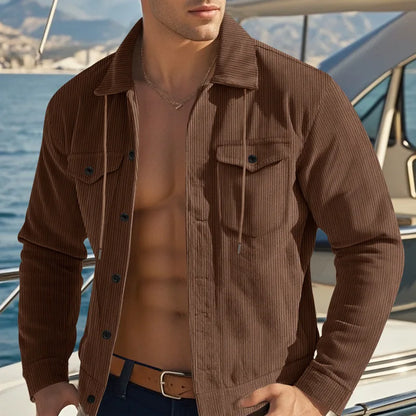 Men's Corduroy Jacket Stand-up Collar Slim Fit Retro Multi-pocket Workwear Commuter Coat for Spring And Autumn