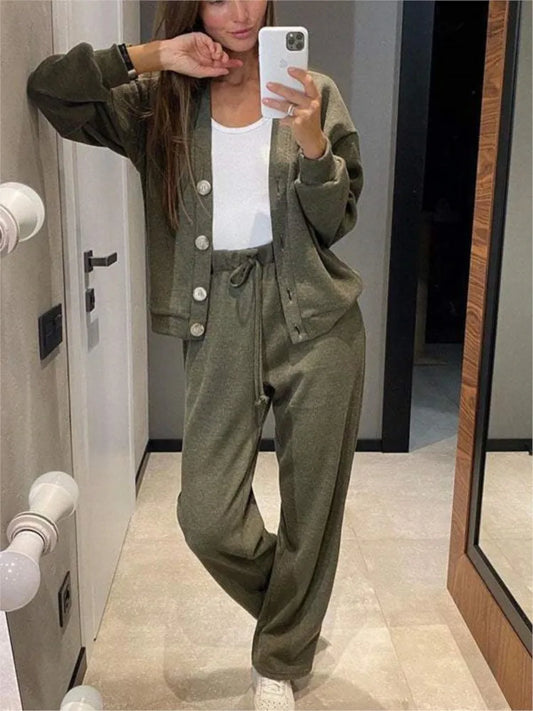 Autumn Fashion Knitted Cotton Women's Sports Jacket Suit Simple Trousers Pocket Casual Cardigan Elegant 2-piece Set Female.