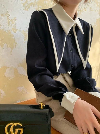MEXZT Vintage Chiffon Shirts Women Elegant Patchwork Long Sleeve Blouses Office Lady Korean Black Turn Down Collar Casual Tops.