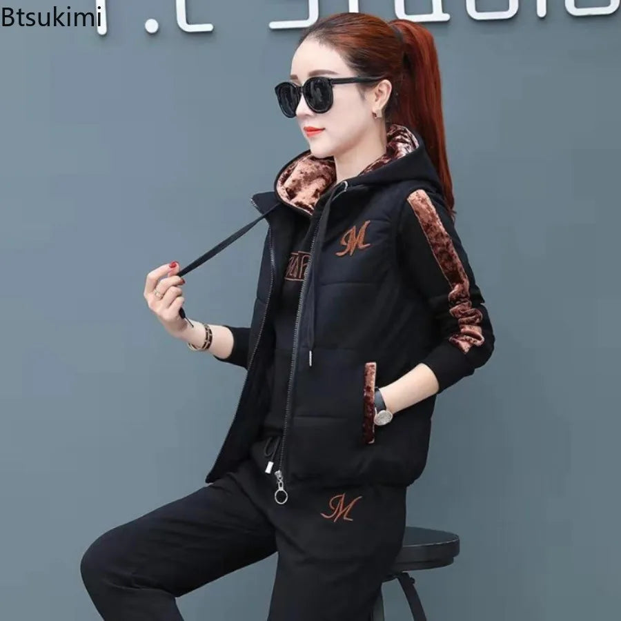Winter 3 Pcs/Set Women Waistcoat Top Pants Set Letter Embroidery Ladies Winter Tracksuit Color Block Three-piece Sweatpants Set.