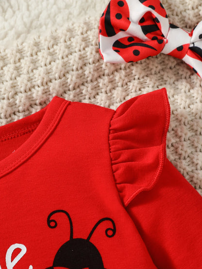 3-28M Baby Girl Fashion Clothes Infant Long Sleeve Cartoon Ladybird Bodysuit +Pant Set+Headband 3PCS.