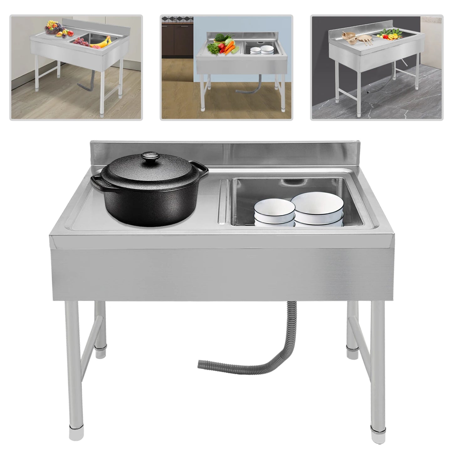 Freestanding Stainless Steel Sink Commercial Restaurant Sink Outdoor Sink for Homes Bathrooms Farms Backyards Garages