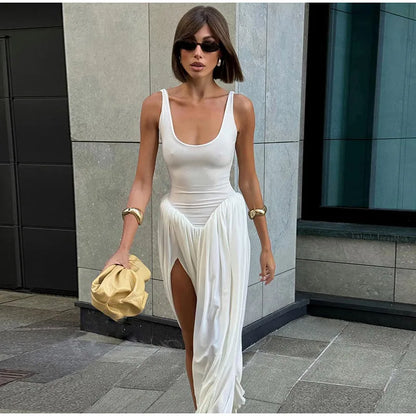 Schwarzes A-Linien-Langkleid für Damen, elegant, quadratischer Ausschnitt, plissiert, ärmellos, Sling-Maxikleider, 2025, Sommer-Dame, Urlaub, Party, Roben