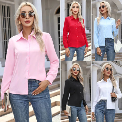 1pcs Woman Spring Autumn Solid color Shirts Lady Casual Long Sleeve Turn-down Collar Loose Shirt Female Fashion Temperament Tops.