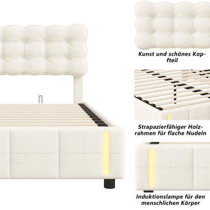 Rosahqnda Kissen Bett Kissen Bett mit Stimmungslicht, gepolstertes Bettgestell in Samtbeige, Kinderbett, ohne Matratze