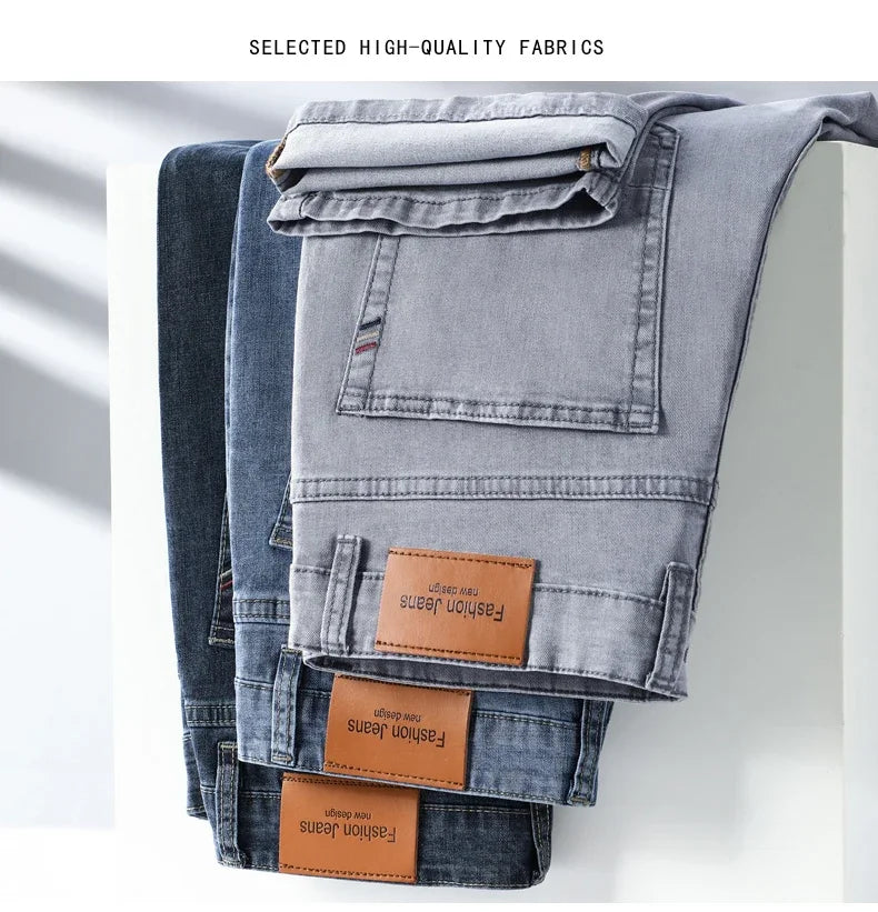 Summer Thin Men's Elastic Cotton Jeans Fashion Gray Comfortable Business Straight Casual Pants Brand Male Clothes Trousers.