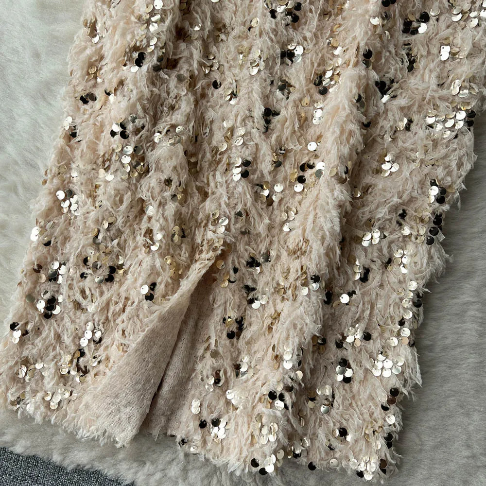 Skirts Women Autumn High Waist Midi Sequined Elegant Korean Fashion Back Slit A-line Loose Casual Simple All-match Faldas Largas.