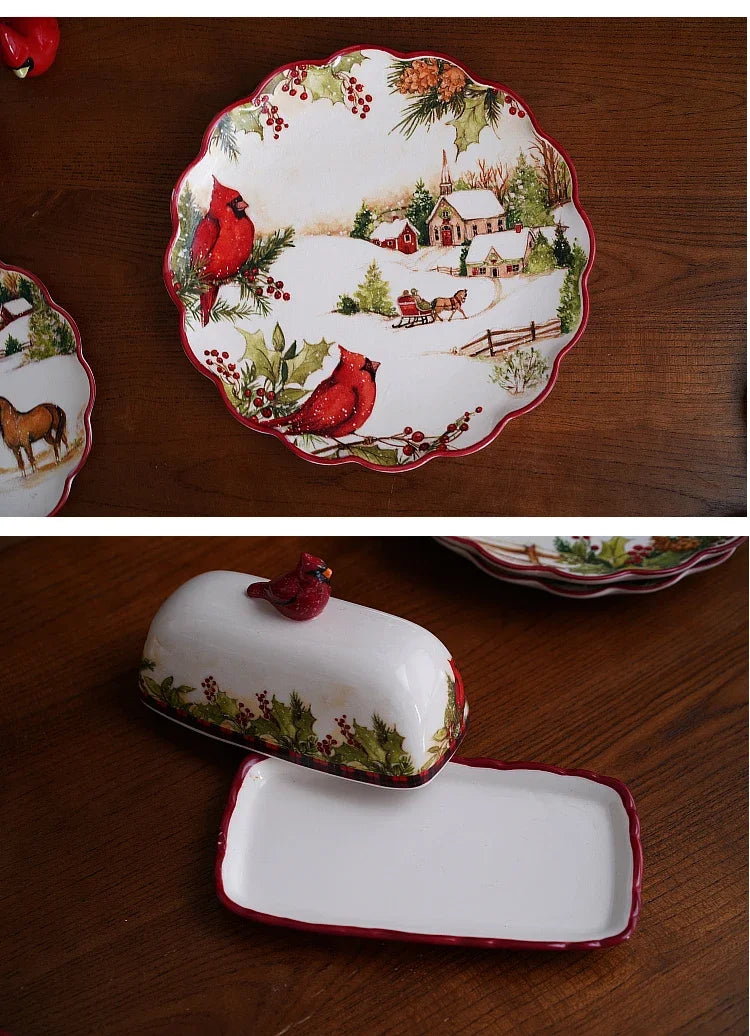 Christmas CeramicTableware Set High Grade Underglaze Colored Western Dining Plate Festival Dinner Party Cutlery Decorative Plate.