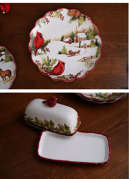 Christmas CeramicTableware Set High Grade Underglaze Colored Western Dining Plate Festival Dinner Party Cutlery Decorative Plate.