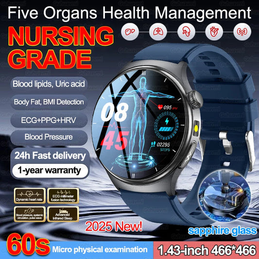 1.43'' HD Sapphire Smart Watch Bluetooth Call Blood Fat Uric Acid Heart Rate Body Analysis Five Organs Health Smartwatch Men Wom.