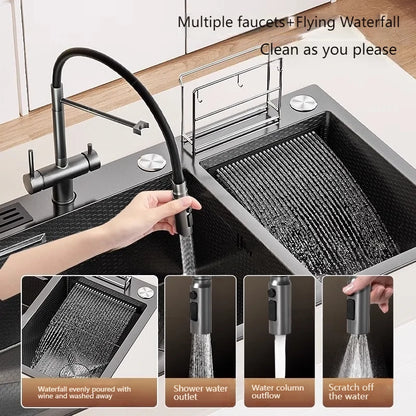 Waterfall Kitchen Sink Stainless Steel Large Double Slot With Chopping Board Rack Knife Holder Multifunctional Dishwash Basin