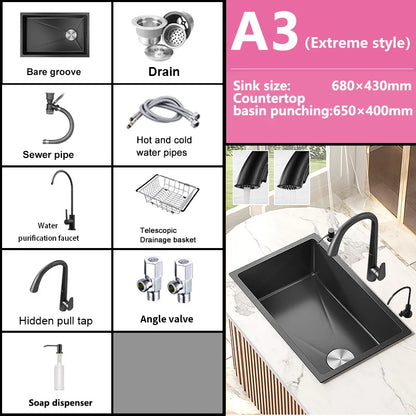 Black Stainless Steel Kitchen Sink Waterfall Sink dishwashing Basin Large Single Sink Household Sink Under The Counter Sink