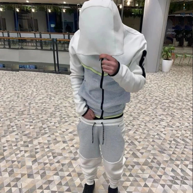 Fashion Solid Color Slim Two Piece Sets Men Fall Winter Casual Long Sleeve Zipper Hooded Sweatshirt And Pants Suits Mens Outfits.