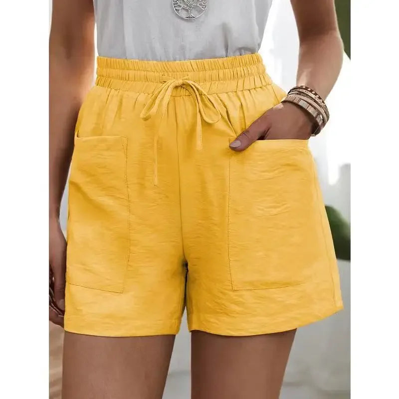 Women's High-waisted Loose-fit Solid Color Casual Shorts Pocket Bell Bottoms.