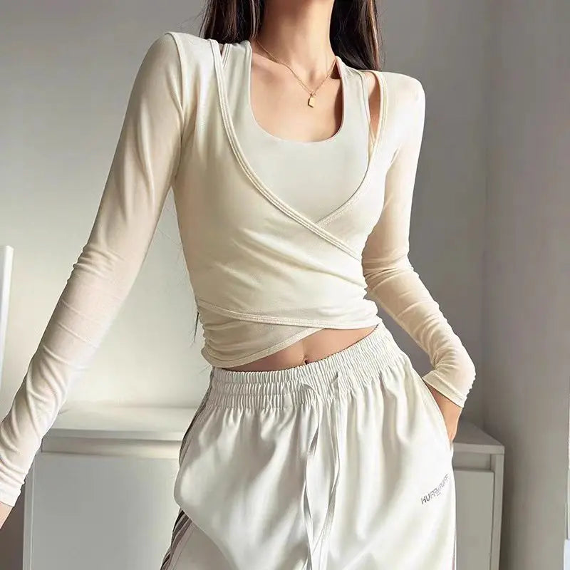 Sexy Mesh Slimming Yoga Suit for Women, Gathering Together, Sports Bra, Two Pieces, Quick Dry Training, Pilates Cover Up Blouse.