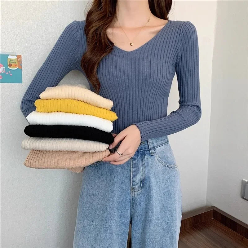 2025 einfarbig Schlank Pullover Koreanische Herbst Winter V-ausschnitt Pullover Mode Lässig Langarm Gestrickte Pullover Frauen Kleidung.