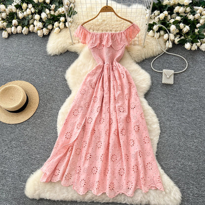 SINGREINY Schickes, ausgehöhltes Kleid mit Stickerei, Rüschen, Spleiß, schulterfrei, elastisch, gerüscht, schlank, 2025, solides, sanftes, langes Urlaubskleid.