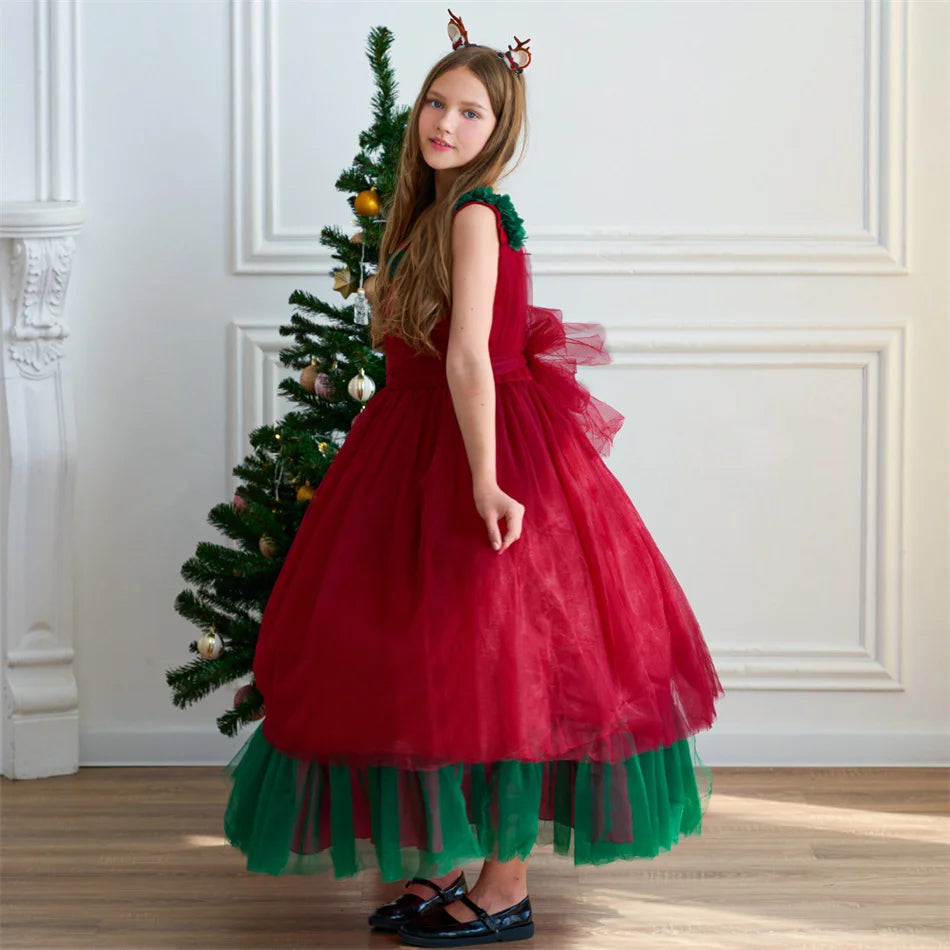 Mädchen Rot Grün Weihnachten Ballkleid Kinder Hochzeit Ball Party Abendkleid Prinzessin Vestido Kinder Karneval Leistung Kleidung.