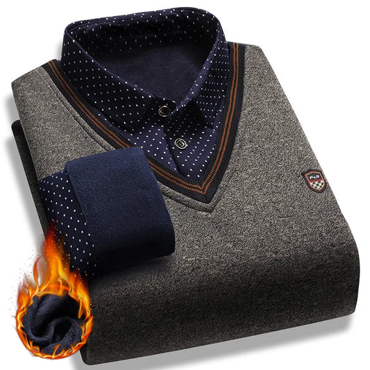 Men's Fleece Lining Sweater Autumn Winter Pullover Polo Shirt Collar Fake Two Piece Thick Warm Top Clothes Casual Knitwear.