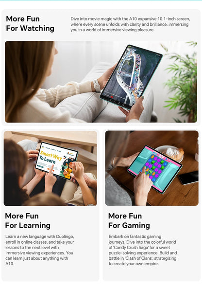 Odea A10 Tablet 10.1" IPS Android 14 T606 Octa-core Max 12GB(4GB+8GB) RAM 128GB ROM Type-C Widevine L1 Earphone Jack Face Unlock.