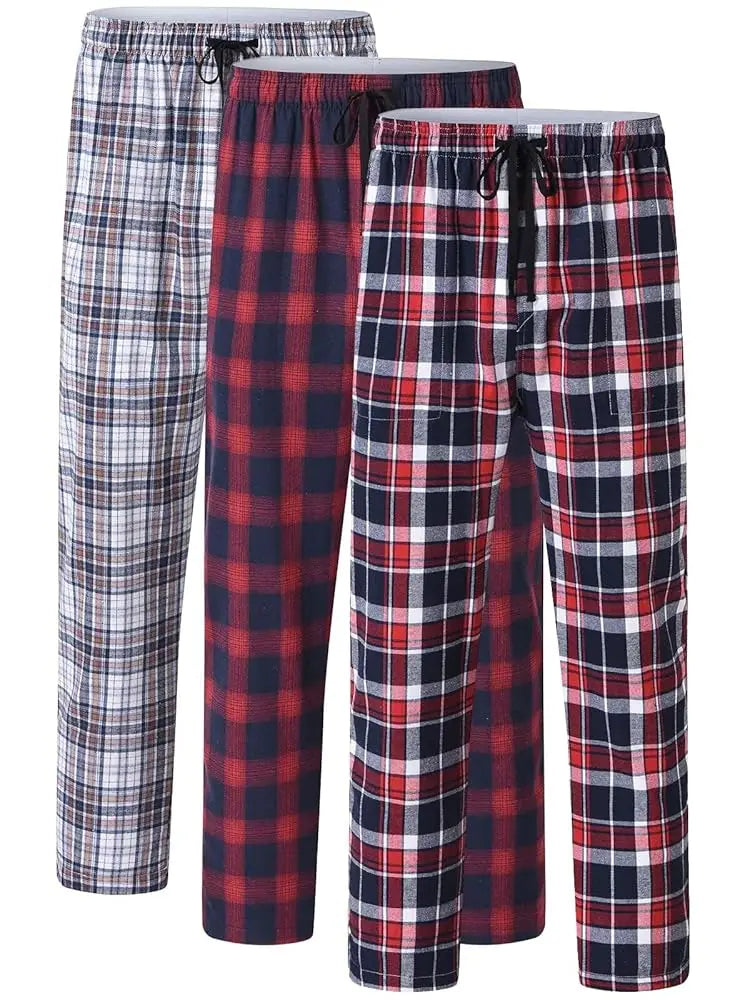 3Pcs Men's 100% Cotton Plaid Pajama Sleeping Pants, Long Plaid Print Sleepwear Pajama Pants with Elastic Waist Homewear