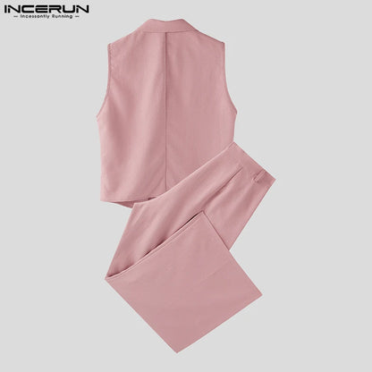 INCERUN Summer Men's Sets Solid Color Sleeveless Tops Tee Buttons Summer Long Pants Male Two-piece Suits Streetwear 2PCS S-5XL.