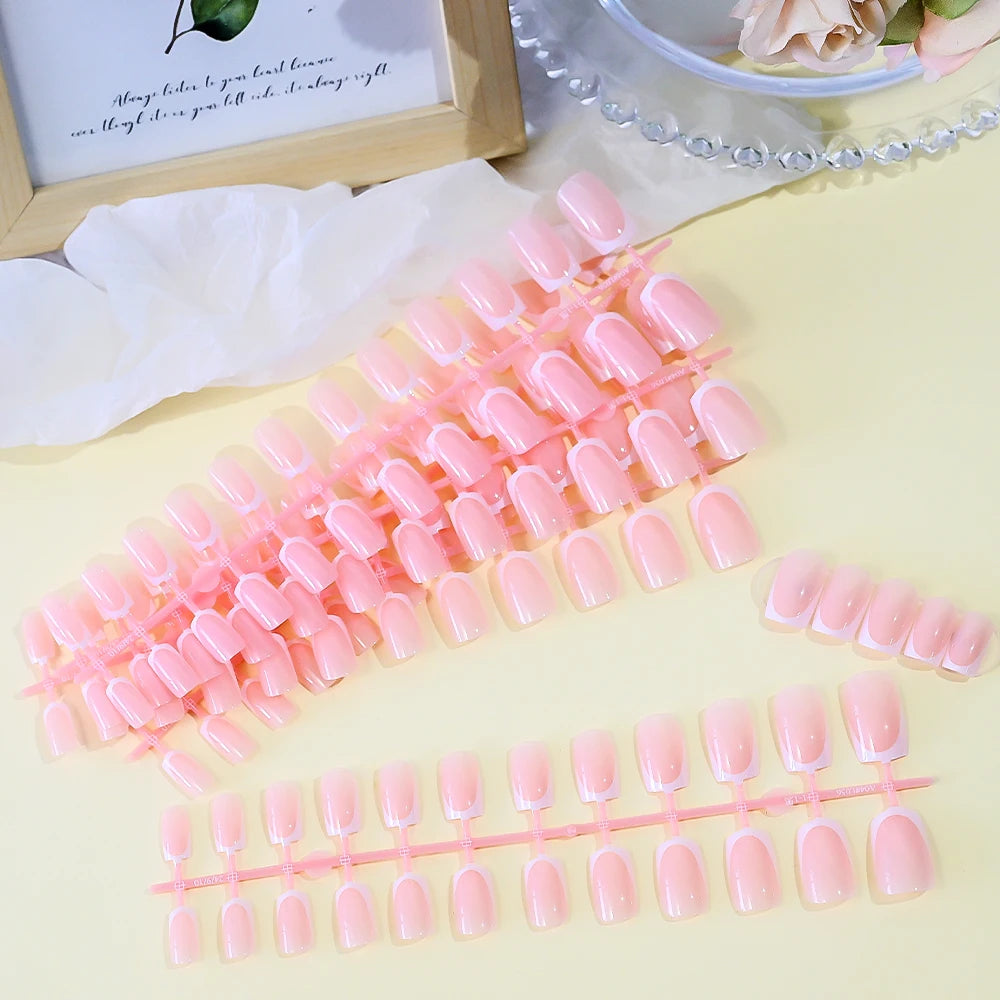 120Pcs=24*5 French Short Square Coffin False Nail White Pink Simple Wearable Fake Nails Glossy Full Cover Press on Nail Tips Art.