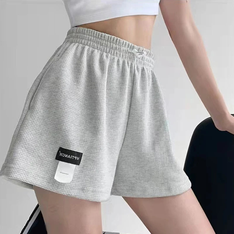 2025 Waffle Women's Shorts High Waist Black Shorts Casual Aesthetic Elastics Hot Pants Loose Summer Women's Clothing Bottoms