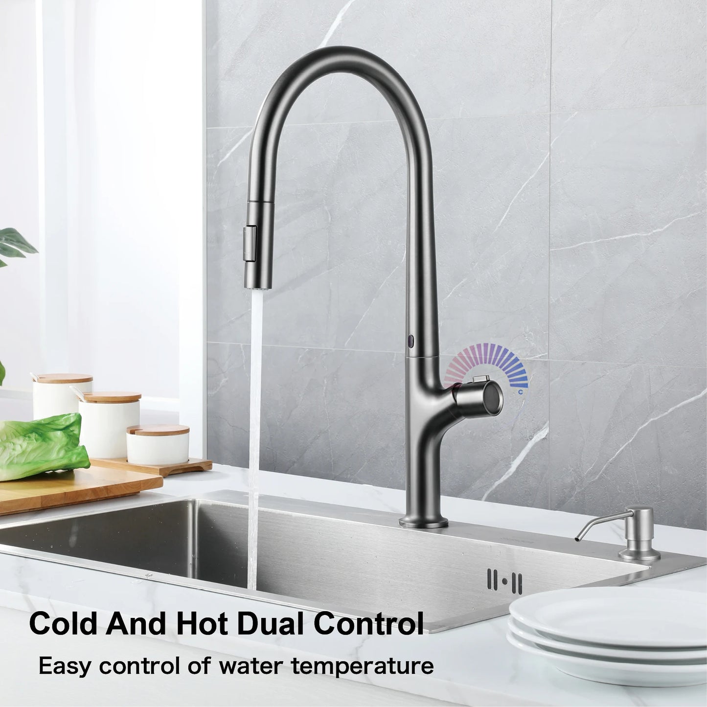 Modern style gun gray pull-out kitchen faucet with 1 handle for hot&cold water intelligent sensing and 2 functions for sink Tap