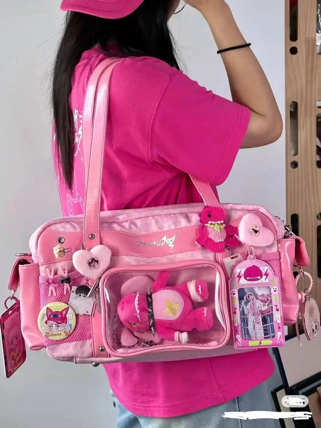 New Y2k Leopard Ita Shoulder Bag Lolita Girls Transparent Tote Bag Womens Large Capacity Crossbody Bag Cute DIY Display Handbags.