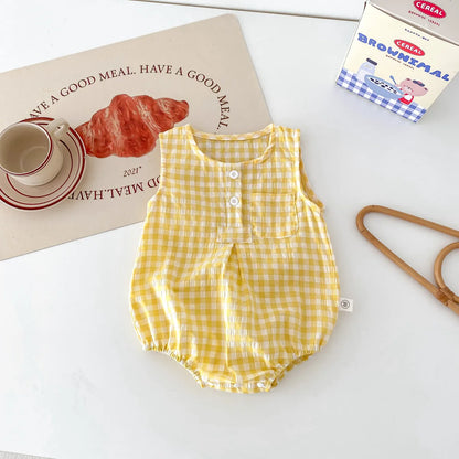 2024 Sommer Baby kleidung Plaid Kleinkind Jungen Mädchen Bodysuit ärmel los einteiliges Kleinkind Outfit.