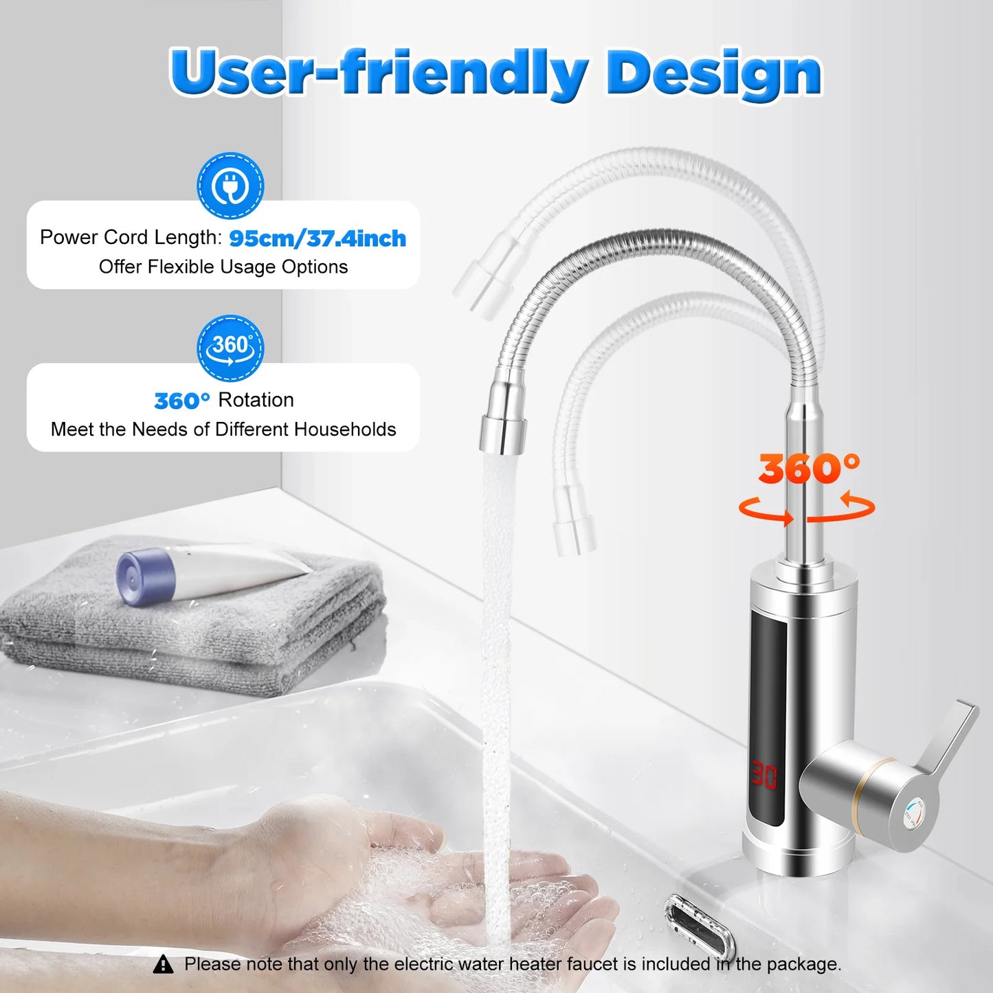 Kitchen Faucet with 360° Rotating Outlet, Hot & Cold Water Adjustment, Stainless Steel Pipe & LED Temperature Display