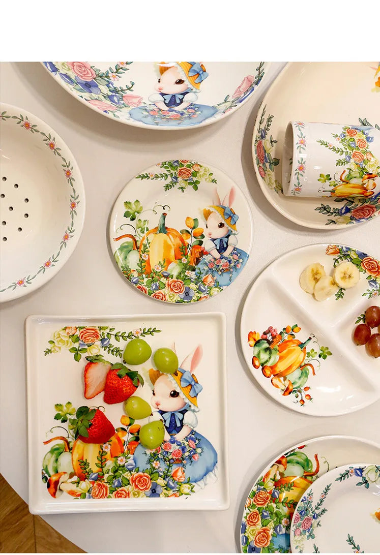 Creative Pumpkin Rabbit Pattern Tableware Garden Style Ceramic Plate Home Cute Dinner Plate Salad Bowl Kitchen Accessories.