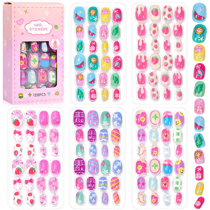 120pcs/box Pink Cartoon Children Press On Nails Candy Color Unicorn Cat Bunny Kids Full Cover False Nail Girls Party Nail Decora.
