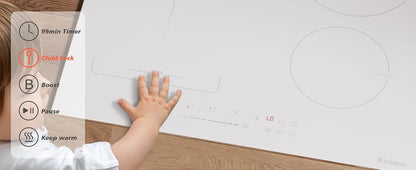 Karinear Induction Hob 4 Zones with Plug, 59CM, 3500W, White Ceramic Glass, Combination Zones, Sliding Controls, 9 Power Levels.
