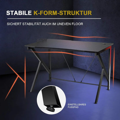 Spieltisch k-förmiger Computer tisch PC-Tisch Schreibtisch mit Getränke halter, Kopfhörer haken und Video regal 115x73 cm